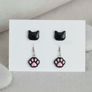 Cat Resin Earring Set - Handmade - Hypoallergenic - Black